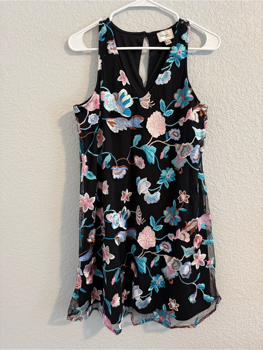 ECI Black Dress with Pink and Turquoise Floral Embroidery